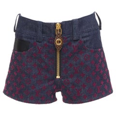 LOUIS VUITTON Flocked Monogram burgundy blue monogram denim shorts XS