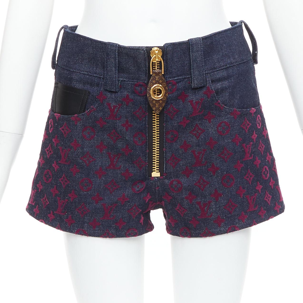 LOUIS VUITTON Flocked Monogram burgundy blue monogram denim shorts XS