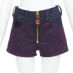 LOUIS VUITTON Flocked Monogram burgundy blue monogram denim shorts XS