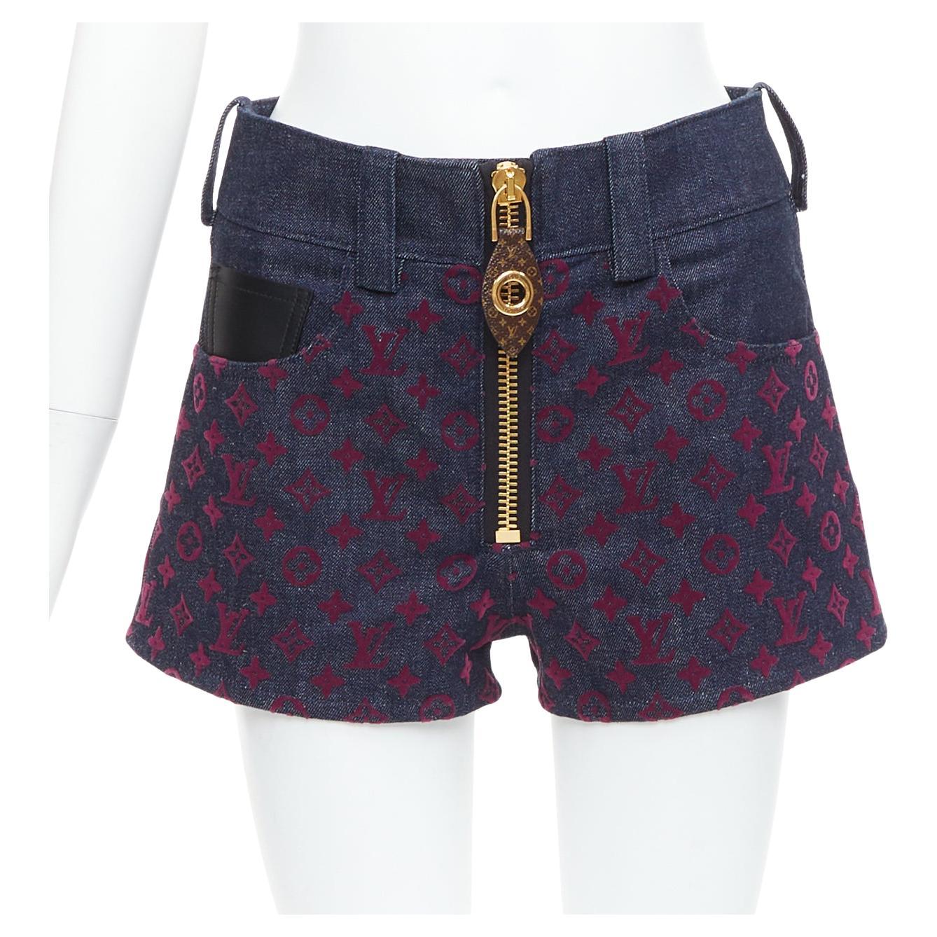 LOUIS VUITTON Flocked Monogram burgundy blue monogram denim shorts XS