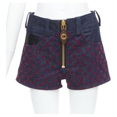 LOUIS VUITTON Flocked Monogram burgundy blue monogram denim shorts XS