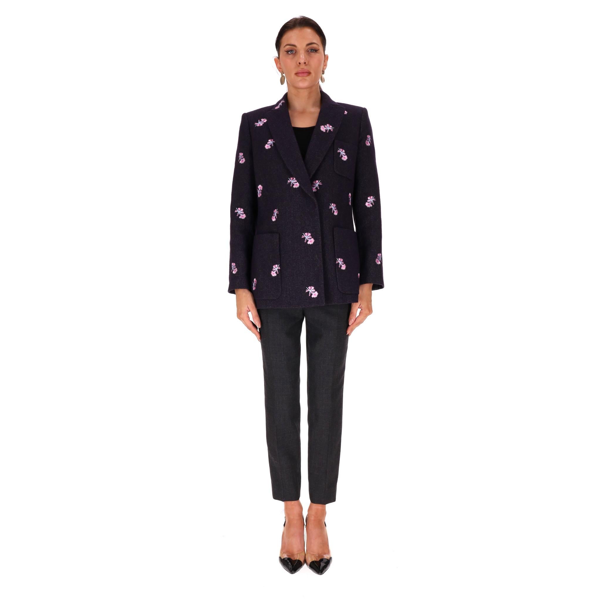 Louis Vuitton Floral-Embroidered Wool, Cashmere 
Silk Blend Jacket

Navy blazer from 2013 Fall/Winter Collection designed by Marc Jacobs.

Crafted from wool, cashmere and silk blend and embroidered with pink floral pattern.

Lapelled collar,