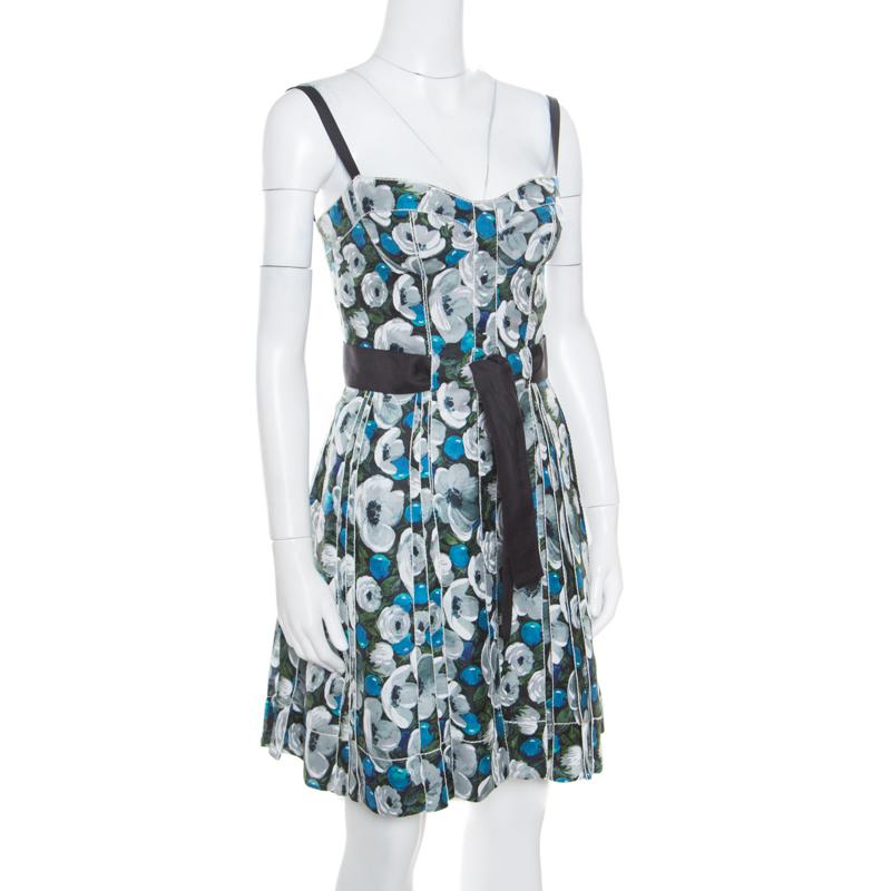 Gray Louis Vuitton Floral Printed Silk Belted Pleated Bustier Dress S