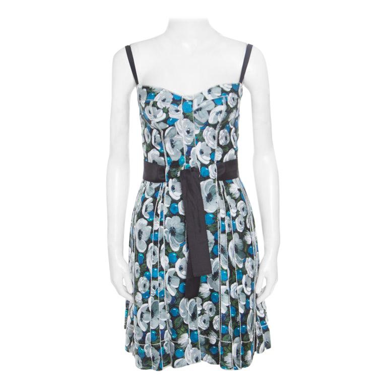 Louis Vuitton Floral Printed Silk Belted Pleated Bustier Dress S