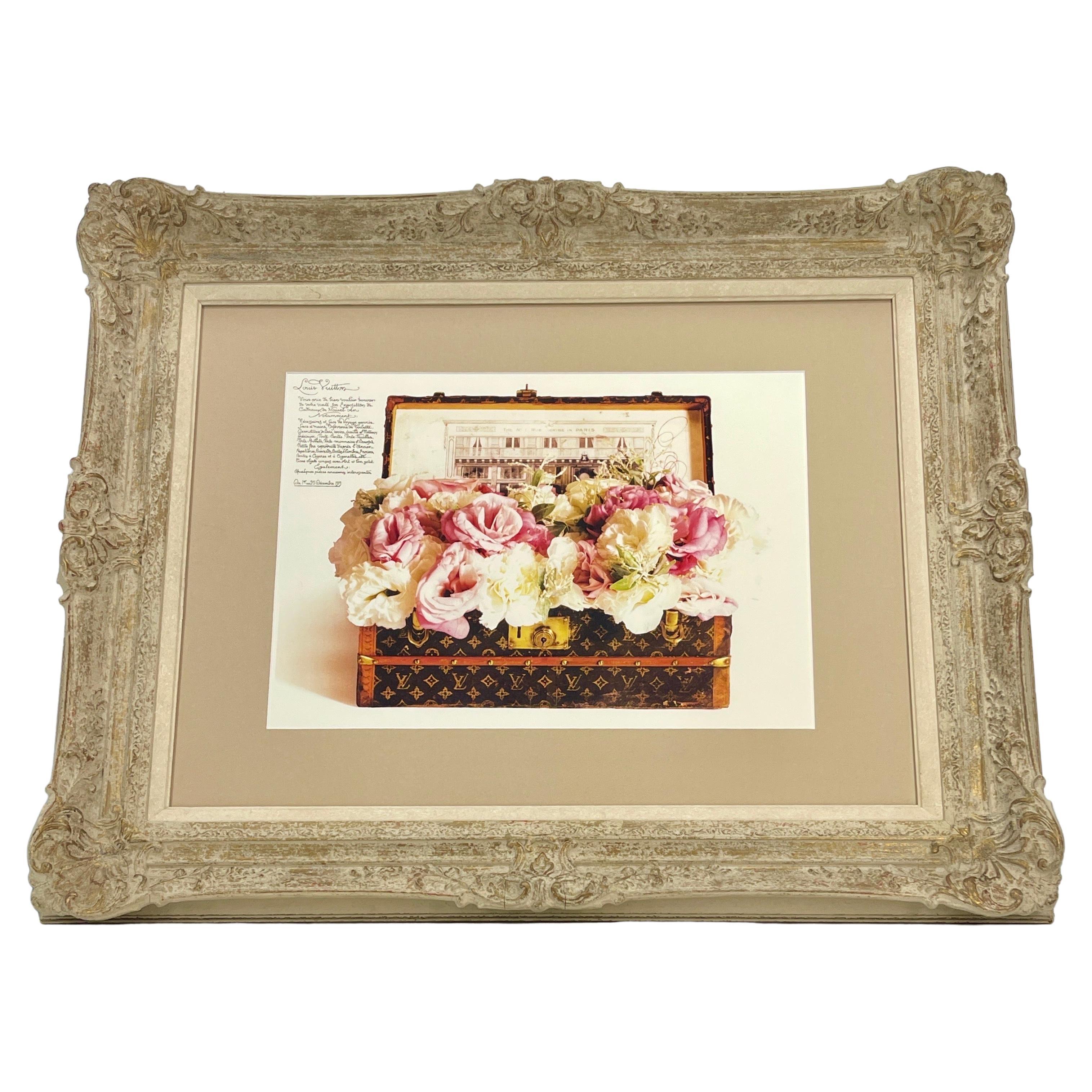 Hand-Crafted Louis Vuitton Floral Suitcase French Art Print in Vintage Frame For Sale