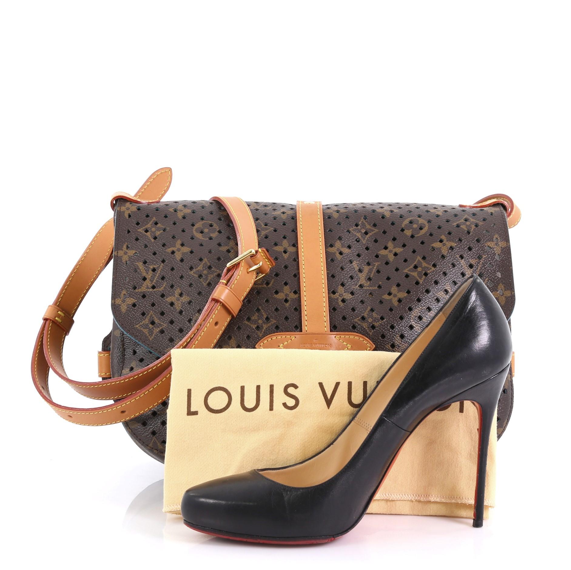 This Louis Vuitton Flore Saumur Handbag Perforated Monogram Canvas, crafted from brown perforated monogram coated canvas, features vachetta leather trims, long adjustable leather strap, double saddle compartments with buckle closures and gold-tone