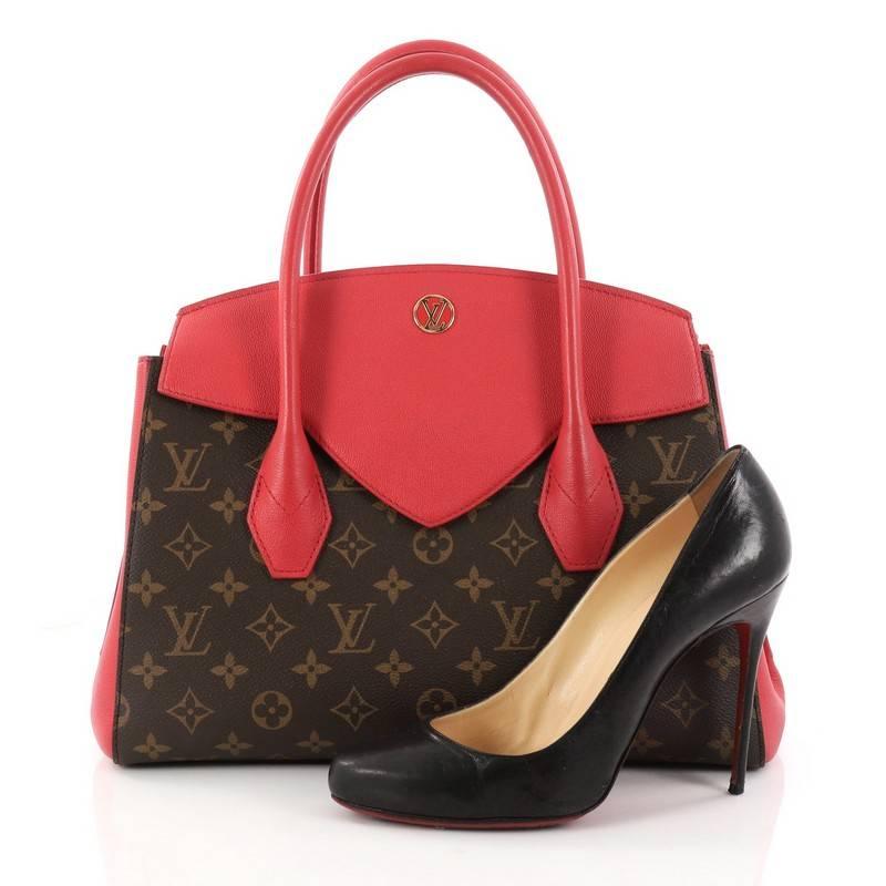 This authentic Louis Vuitton Florine Handbag Monogram Canvas and Leather is a stunning satchel ideal for your everyday looks. Crafted in brown monogram coated canvas, this chic bag features dual-rolled leather handles, red calf leather trims, LV