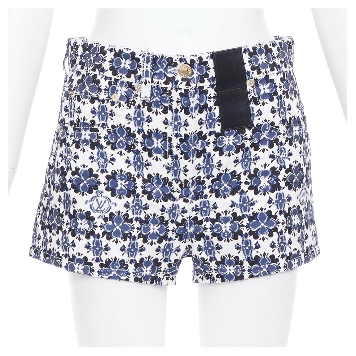 LOUIS VUITTON Flower Mosaic blue logo floral print cotton mini shorts FR34 XS