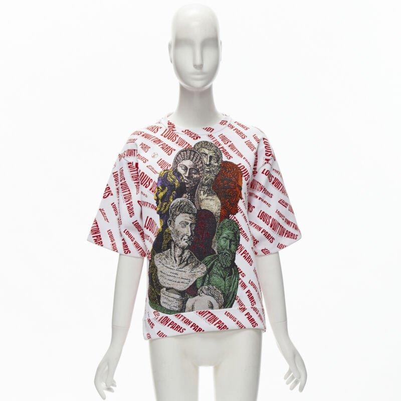 LOUIS VUITTON FORNASETTI 2021 Statue white red logo jacquard boxy knit top S For Sale 5