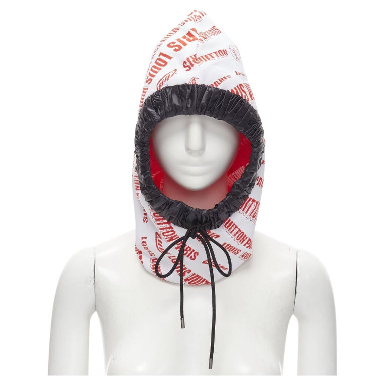 LOUIS VUITTON FORNASETTI 2021 white red logo jacquard nylon trim snood hood  hat For Sale at 1stDibs