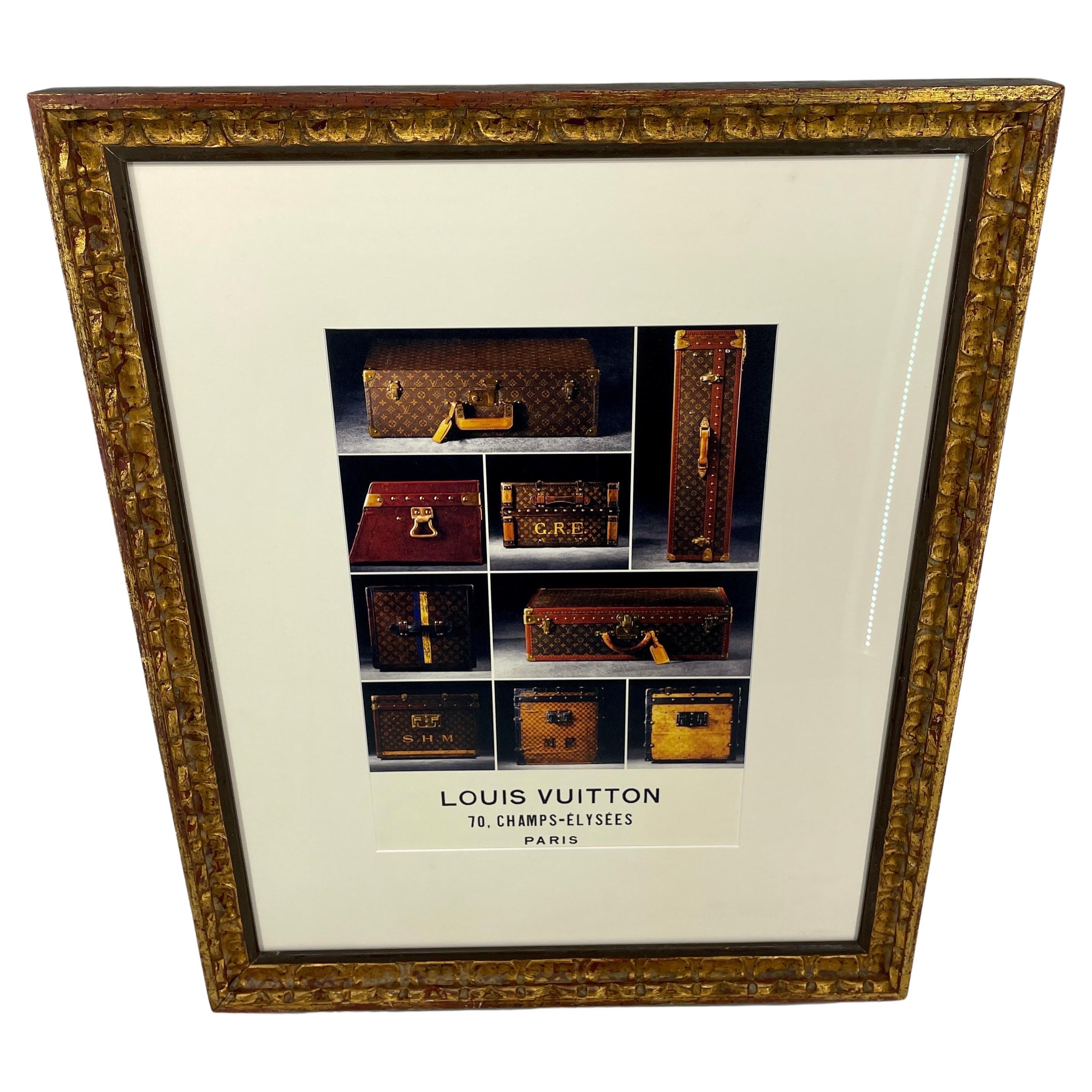 French Art Print Trunks and Suitcases in Vintage Gilt Frame, Louis Vuitton

Wonderful Louis Vuitton Print from Paris, France framed in a vintage gilded wood frame. This one of a kind matted artwork, found on the streets of Paris, features the iconic
