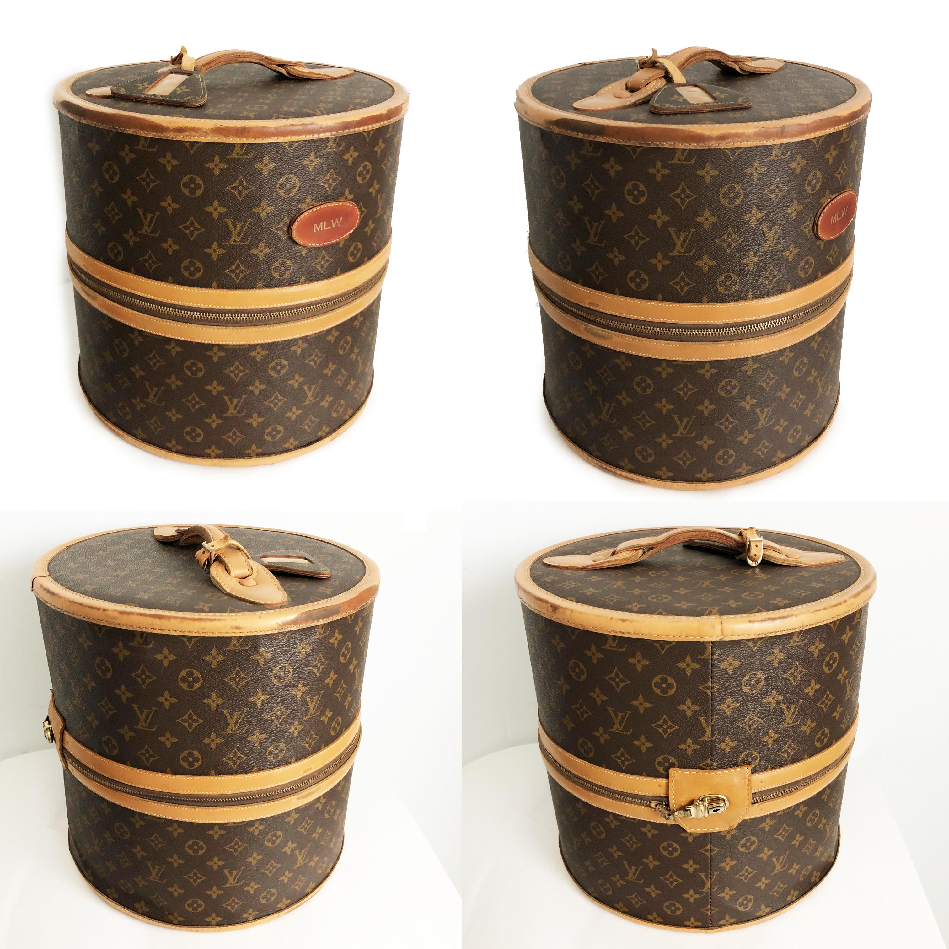 Extremely rare Louis Vuitton x The French Luggage Company Wig Case or Round Hat Trunk, likely made in the 70s.  Made from Louis Vuitton's signature monogram canvas and created in the USA under special license by The French Luggage Company, this