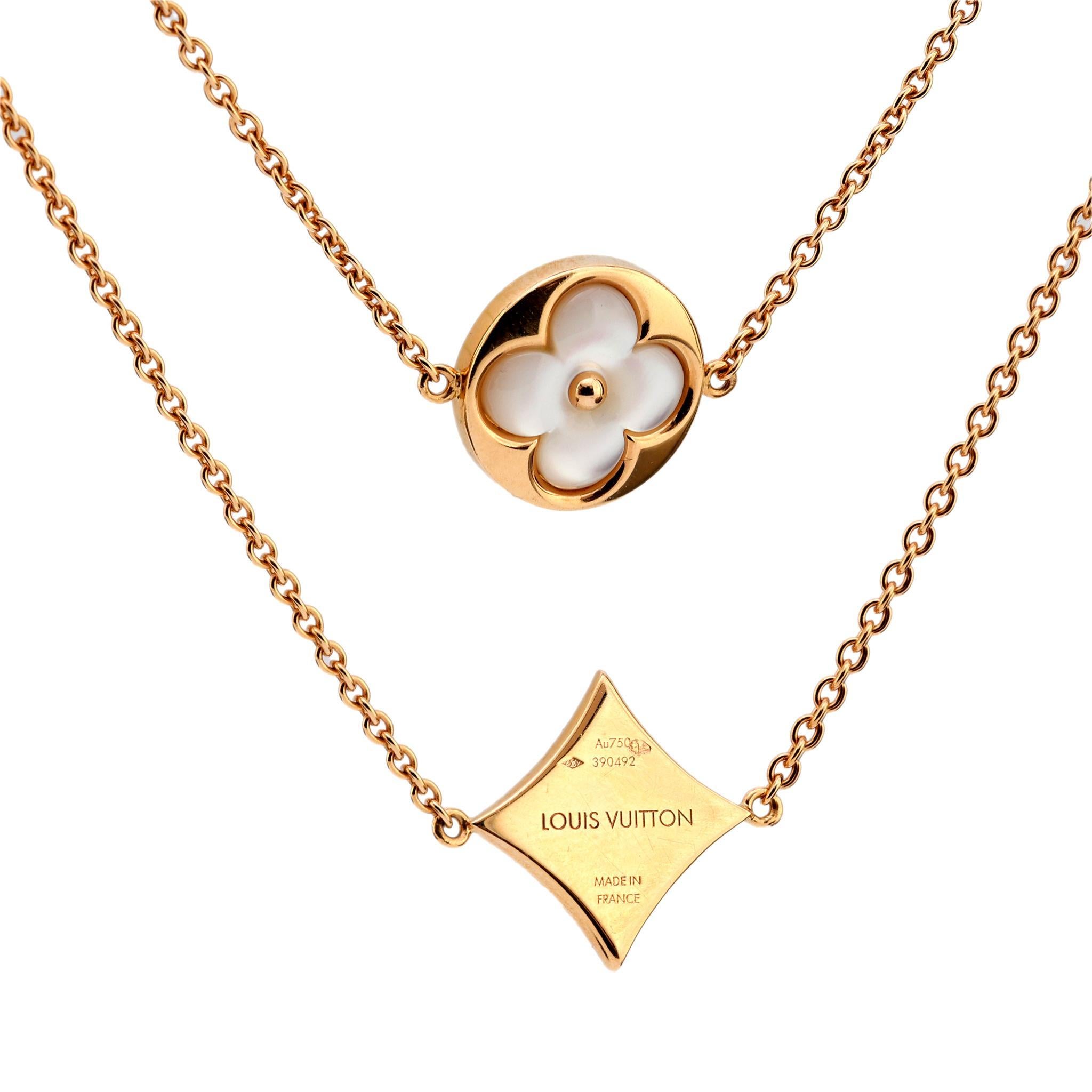 Diese Louis Vuitton Blossom Sautoir Halskette mit funkelnden Diamanten und leuchtenden doppelseitigen Perlmutt-Intarsien in luxuriösem 18-karätigem Roségold strahlt zeitlose Eleganz und außergewöhnliche Handwerkskunst aus den 2020er Jahren