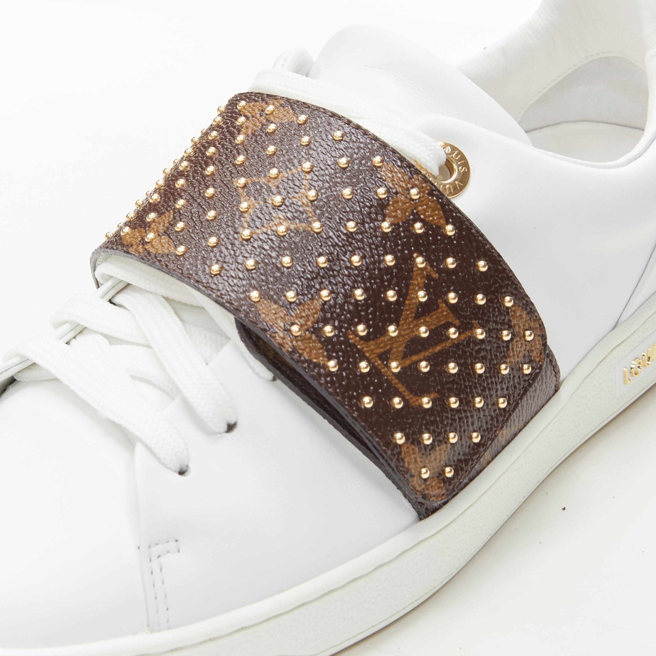 LOUIS VUITTON Front Row brown LV monogram gold stud white leather sneaker EU36 In Excellent Condition For Sale In Hong Kong, NT