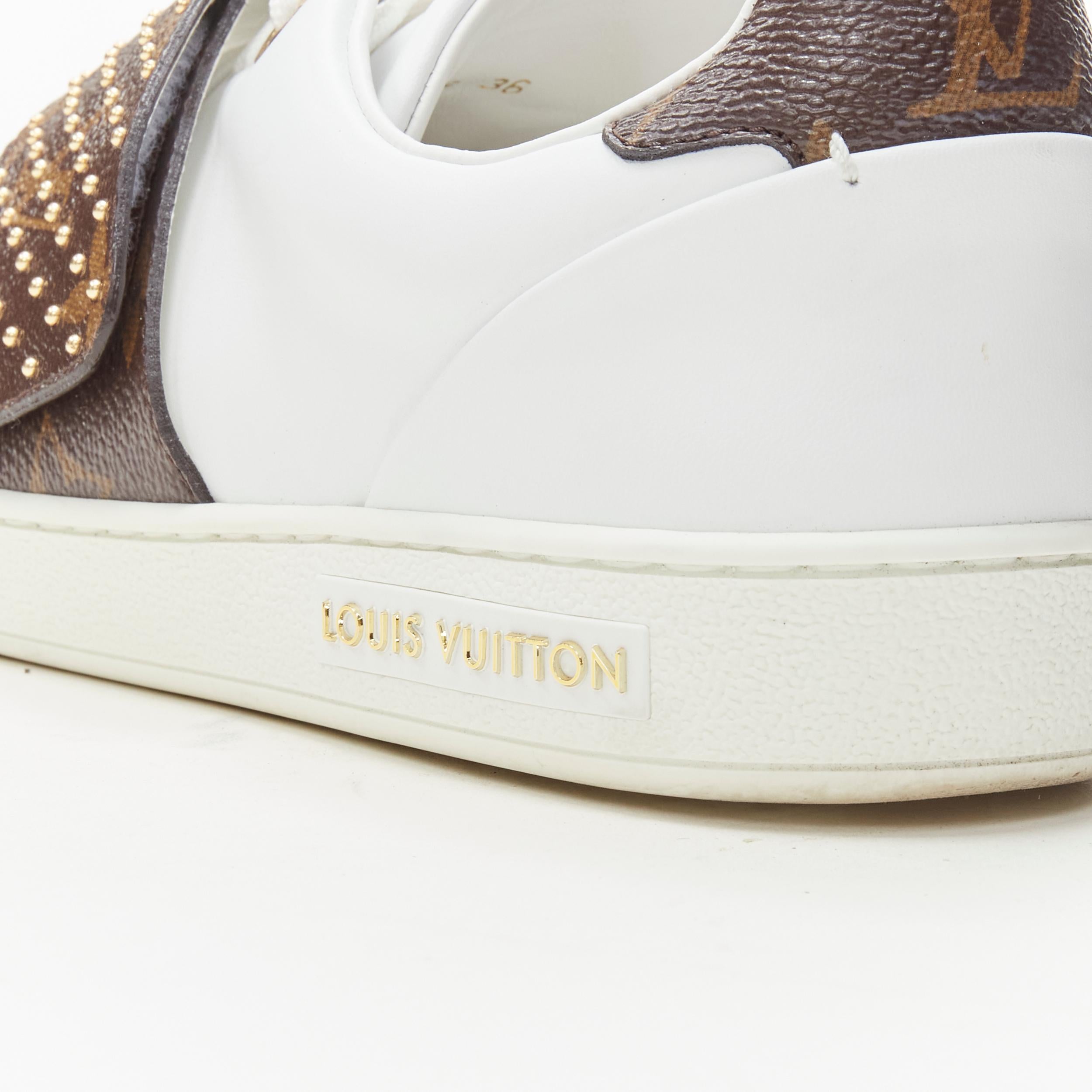 Women's LOUIS VUITTON Front Row brown LV monogram gold stud white leather sneaker EU36 For Sale