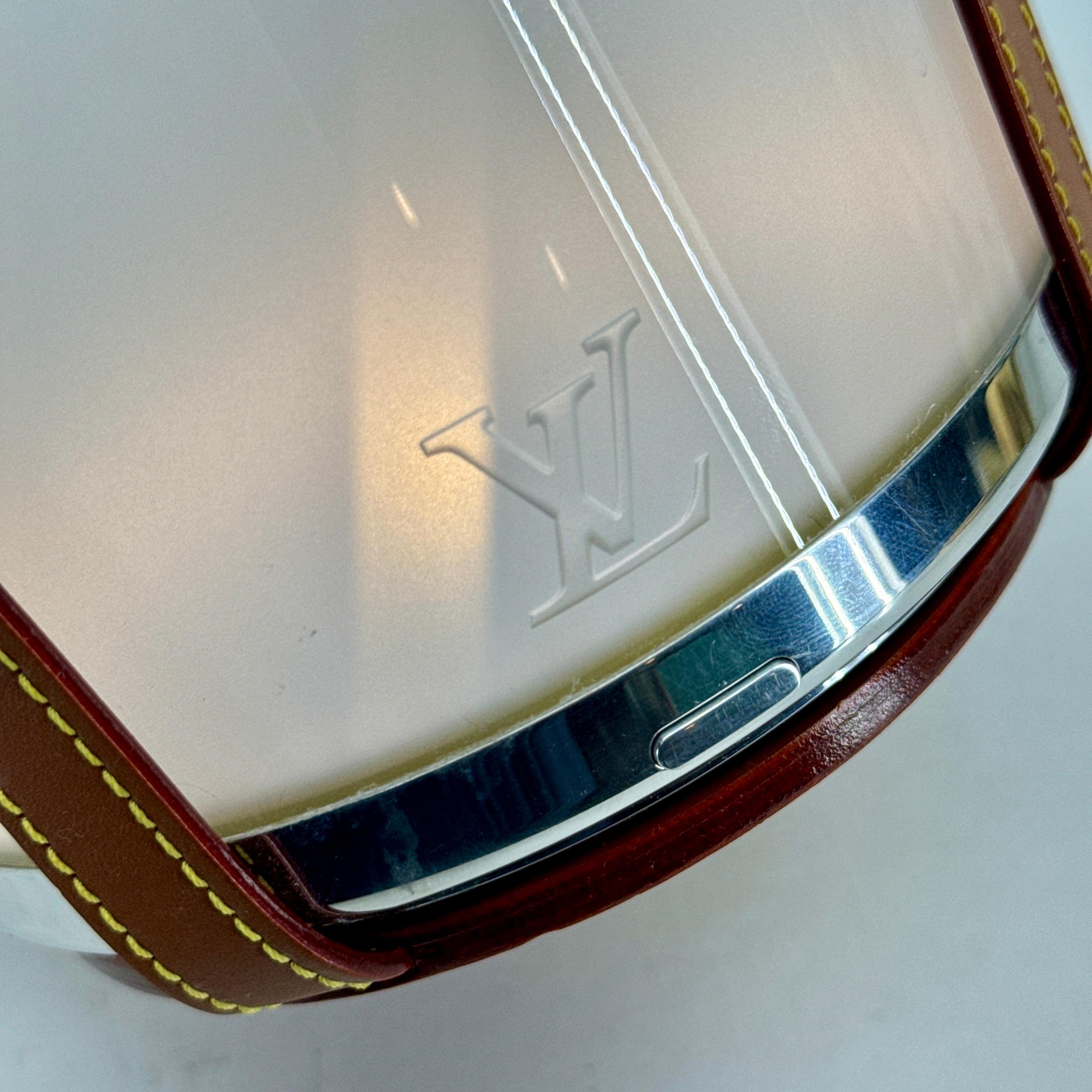 French Louis Vuitton Frosted Glass LV Bell Lamp with Caramel Leather For Sale