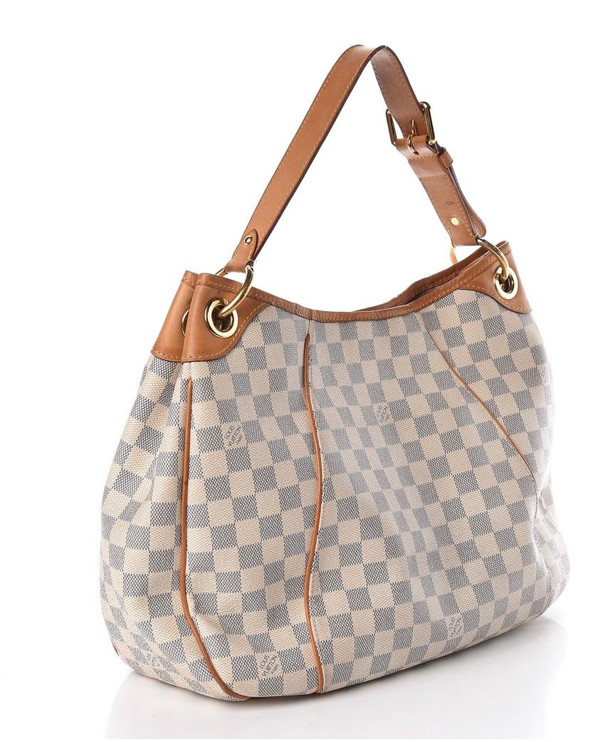  This is an authentic LOUIS VUITTON Damier Azur Galliera PM . This stylish hobo-style handbag is crafted of Louis Vuitton's signature Damier canvas in blue and white. It features a vachetta cowhide leather looping shoulder strap, piping, trim, and
