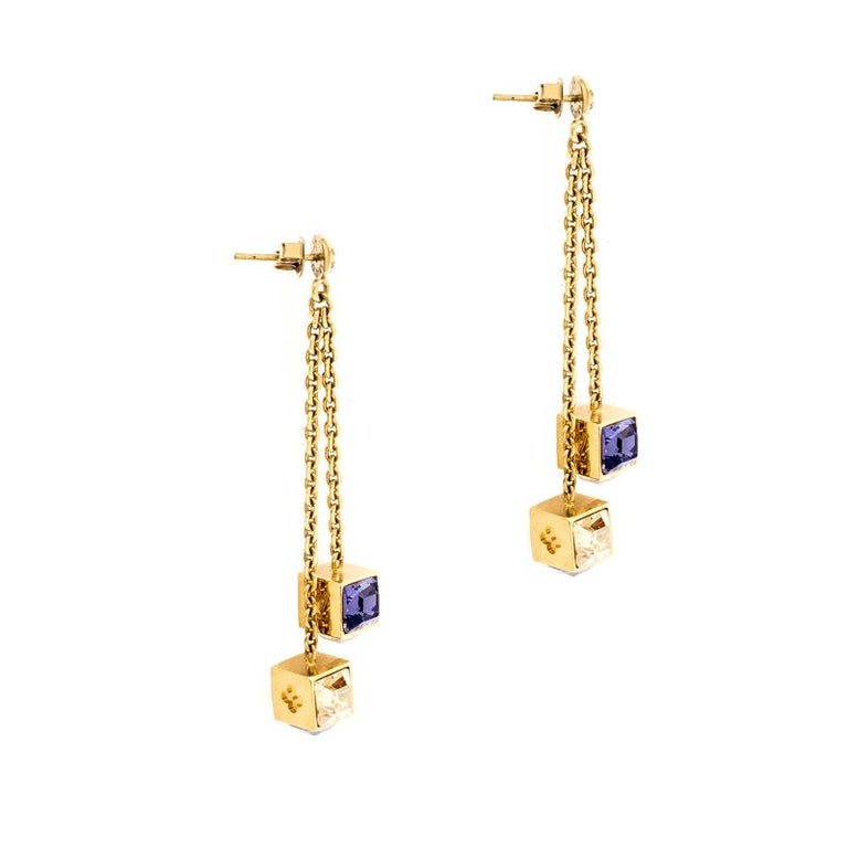 Louis Vuitton Gamble Crystal Gold Tone Long Drop Earrings Louis Vuitton