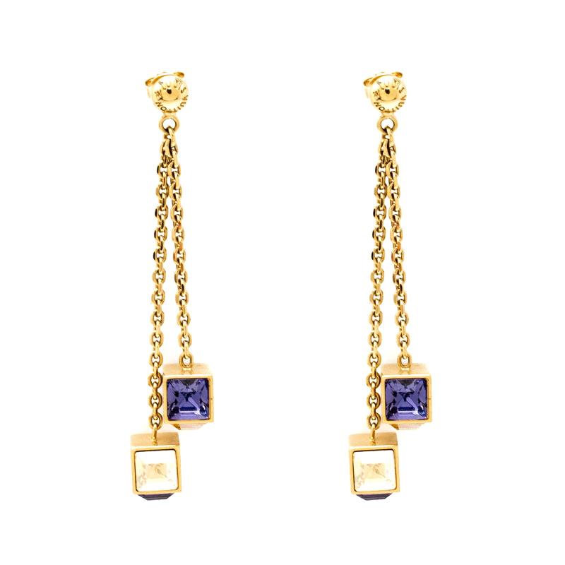 Louis Vuitton Gamble Crystal Gold Tone Long Dangle Earrings