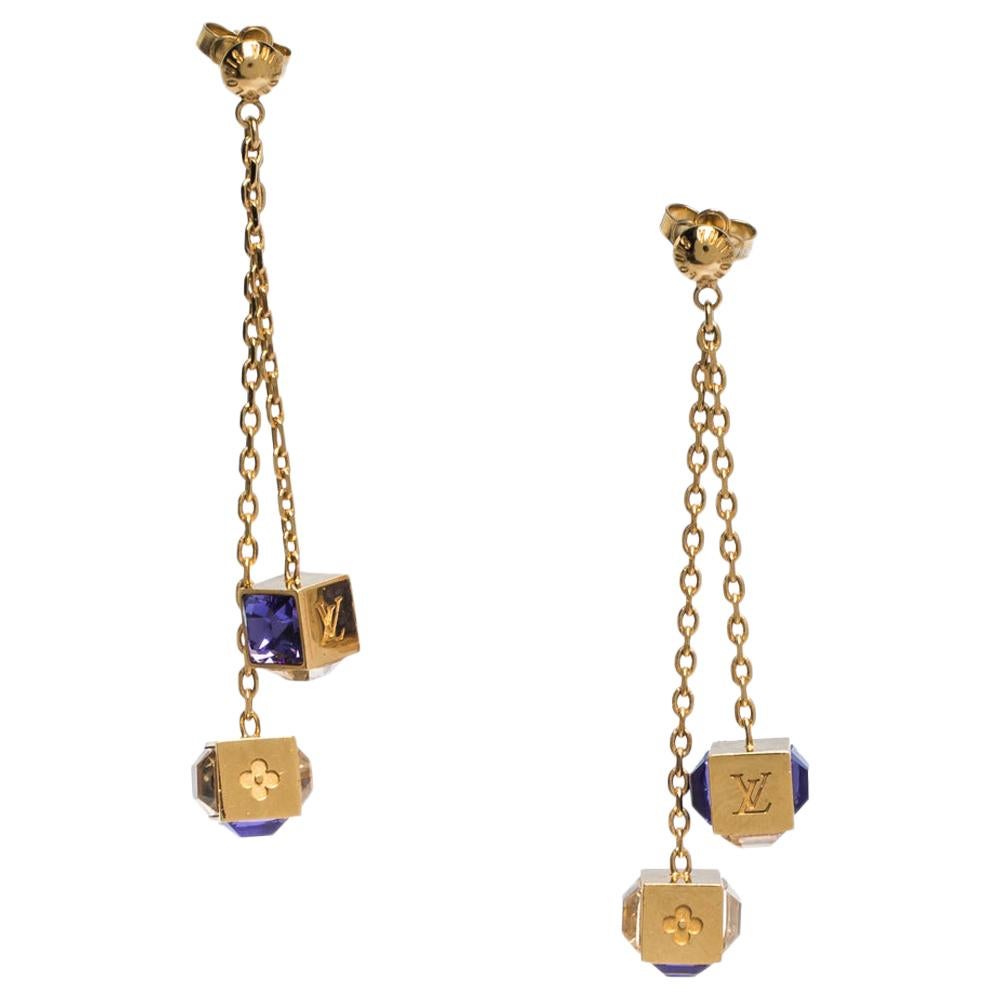 Louis Vuitton Gamble Crystal Gold Tone Long Drop Earrings