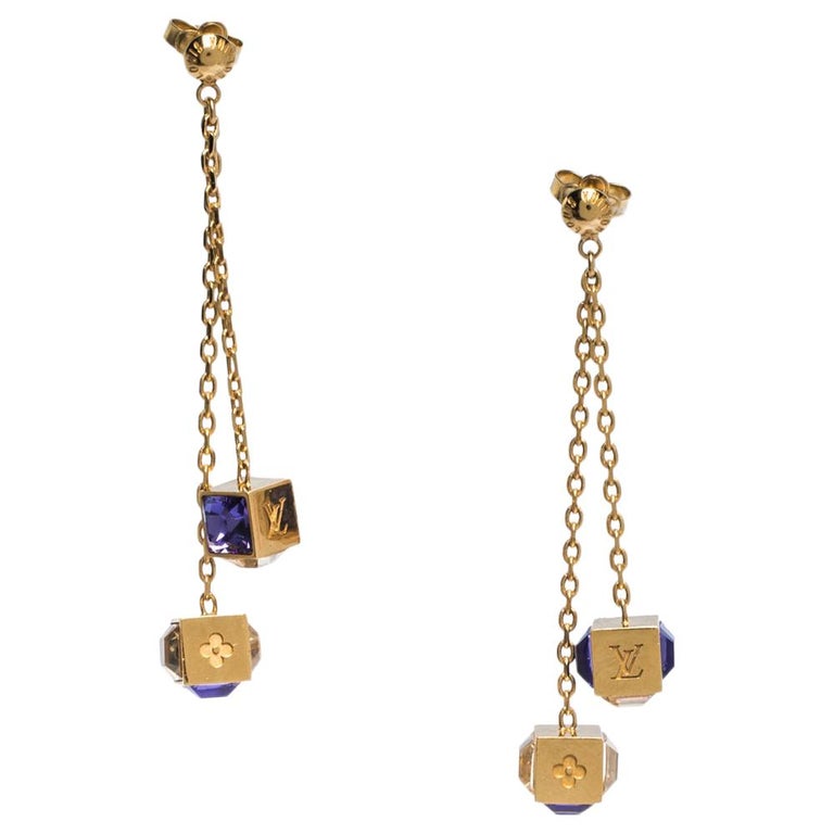 Louis Vuitton Gamble Crystal Gold Tone Long Drop Earrings at 1stDibs