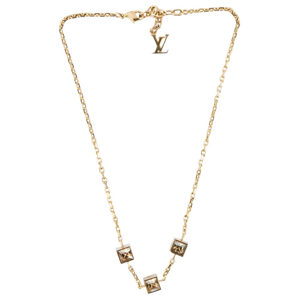 Contemporary Louis Vuitton Gamble Crystal Gold Tone Station Necklace