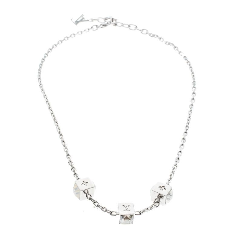 Contemporary Louis Vuitton Gamble Crystal Silver Tone Station Necklace