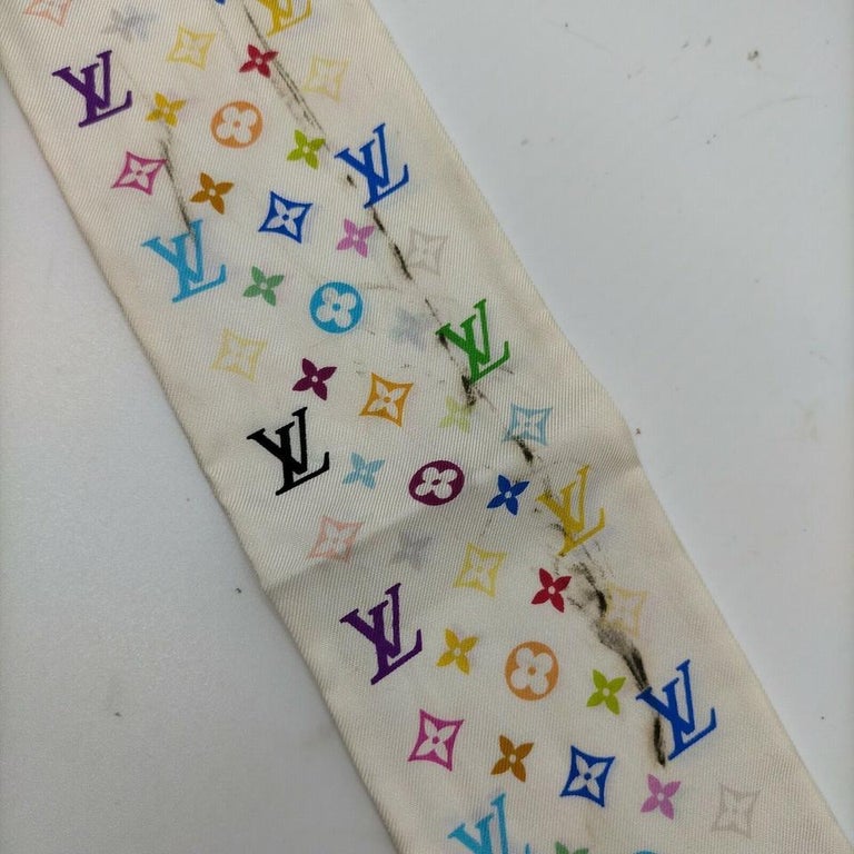 Authenticated Used Louis Vuitton Bandeau Ribbon Scarf Ivory x Blue 100% Silk  MP1691 