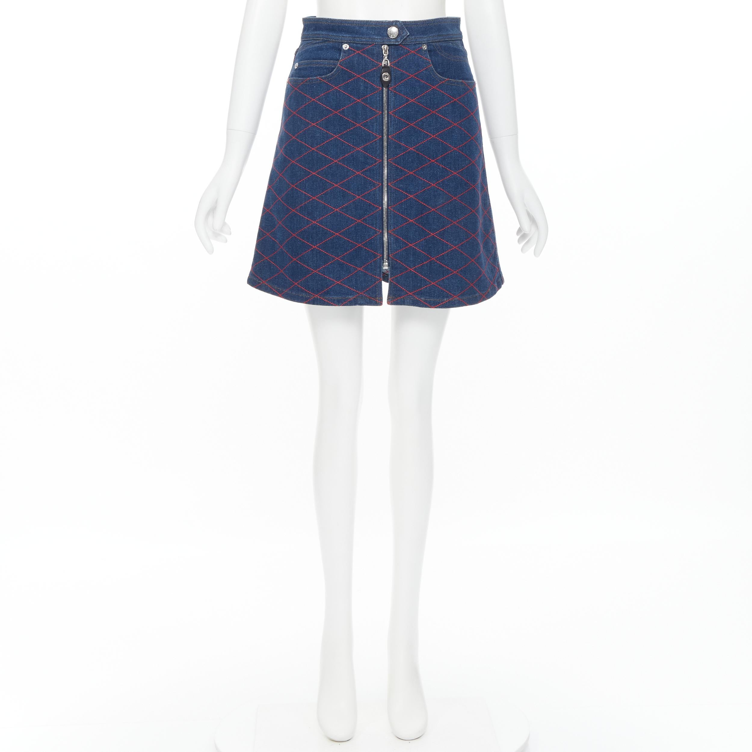 LOUIS VUITTON Ghesquiere blue denim red diamond stitch A-line denim skirt FR34 4