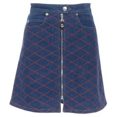 LOUIS VUITTON Ghesquiere blue denim red diamond stitch A-line denim skirt FR34