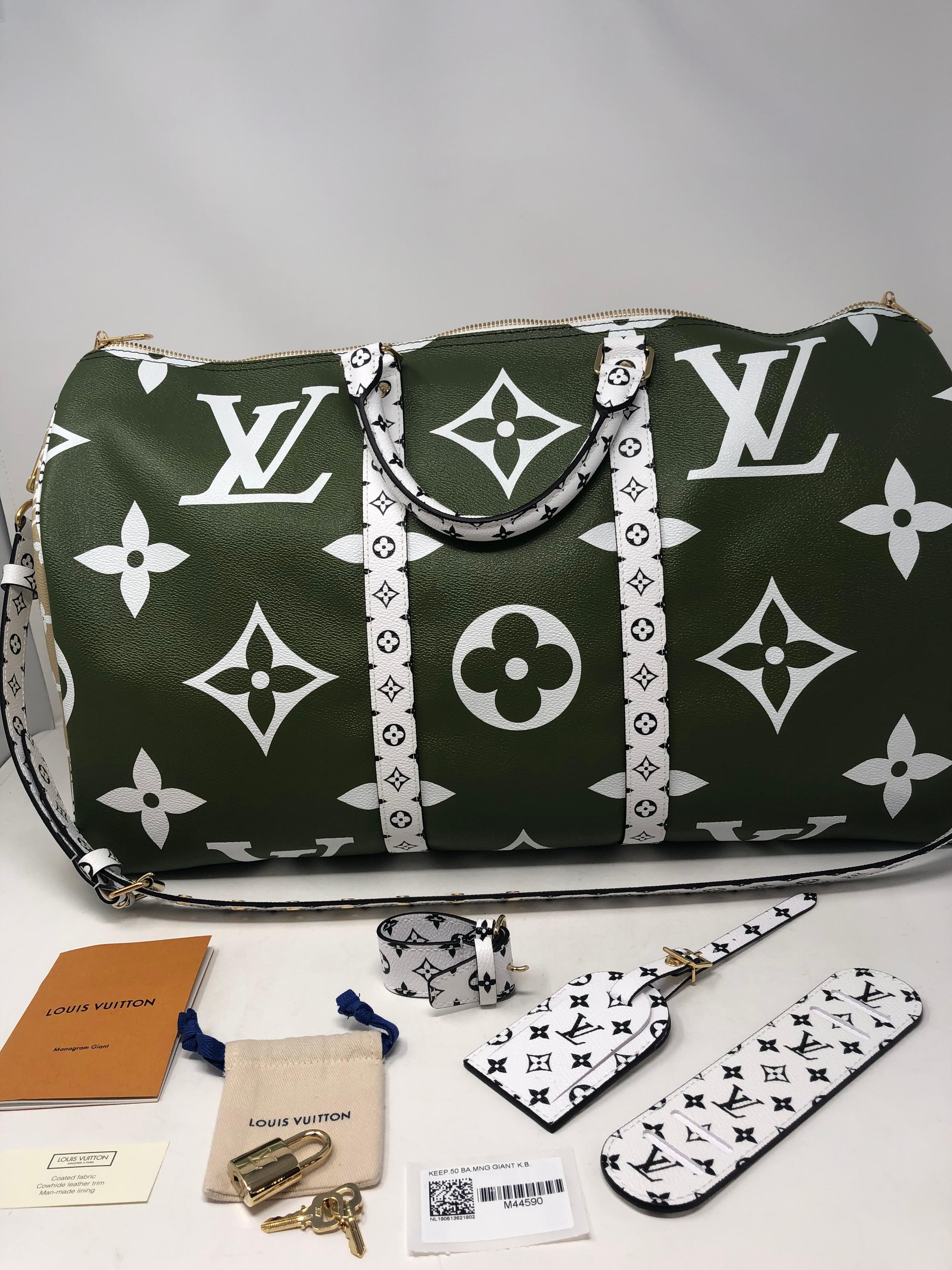 Louis Vuitton Keepall Bandouliere Mono Giant 50 Khaki Green and Beige. Limited Edition travel duffle in oversized monogram print. Green, beige and white color. White and black mono strap that is adjustable. Brand new and never used. Collector's
