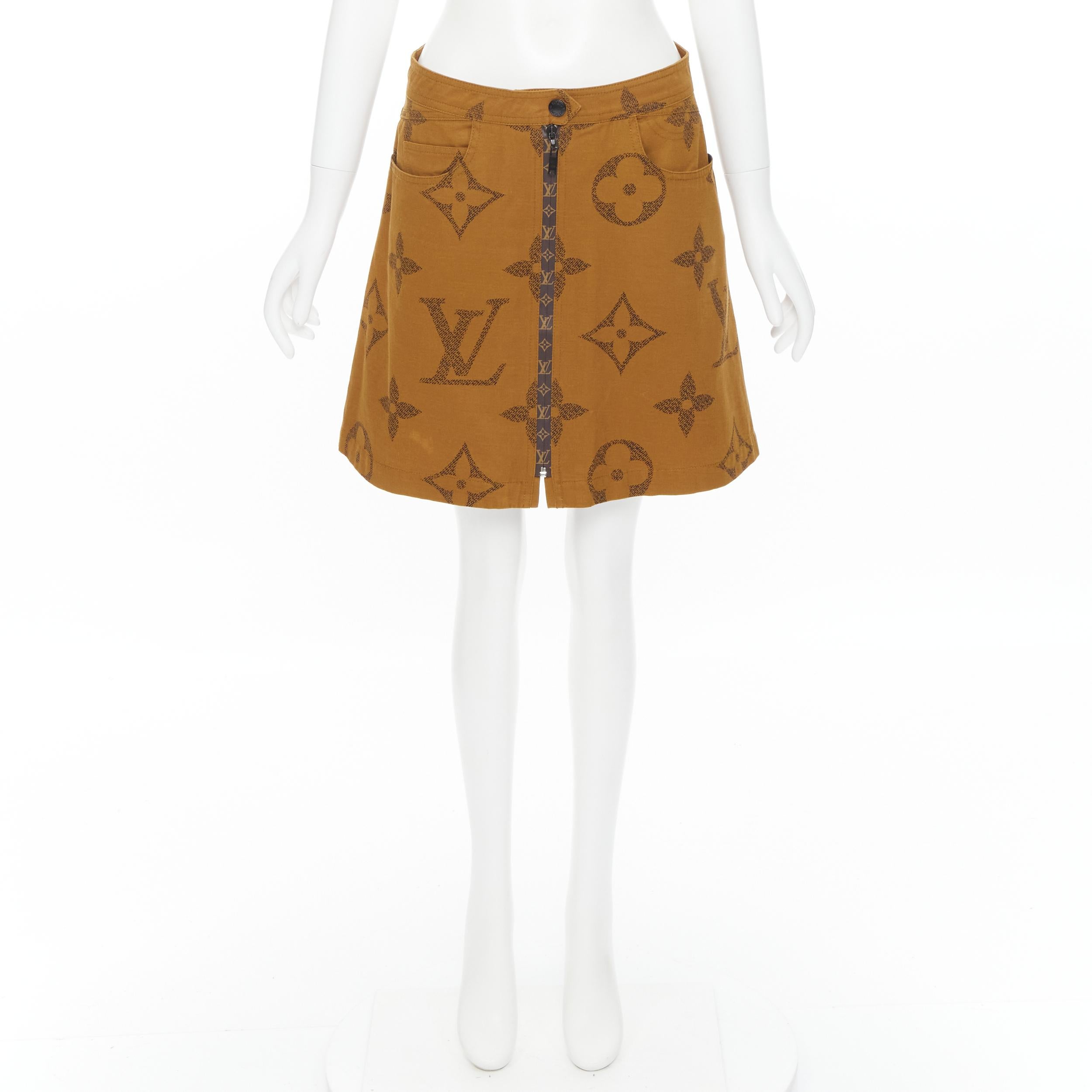 LOUIS VUITTON Giant Monogram LV brown canvas cotton A-line mini skirt FR40 M 4
