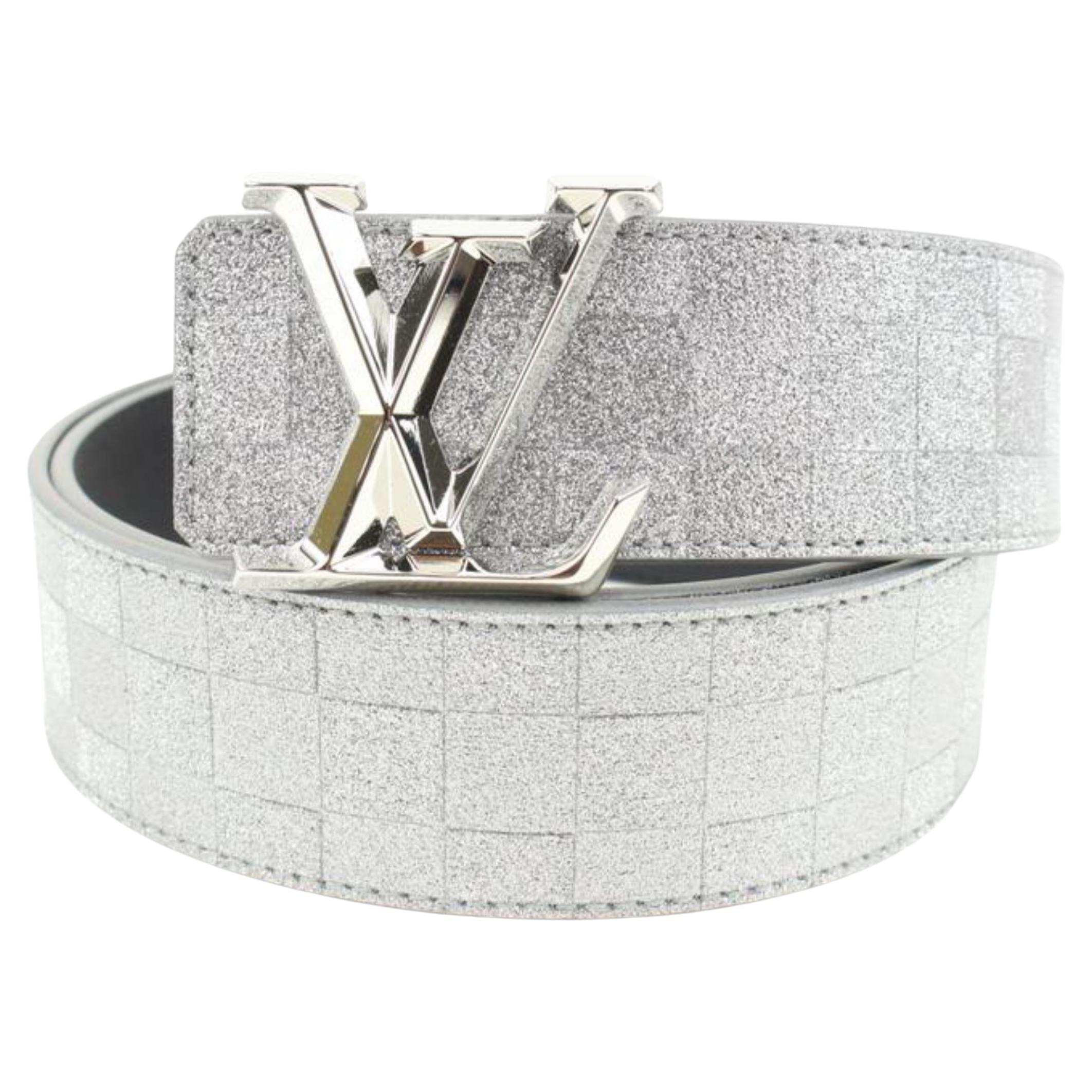 Louis Vuitton Glitter Silver Damier LV Pyramide 40mm Belt 37lv128s