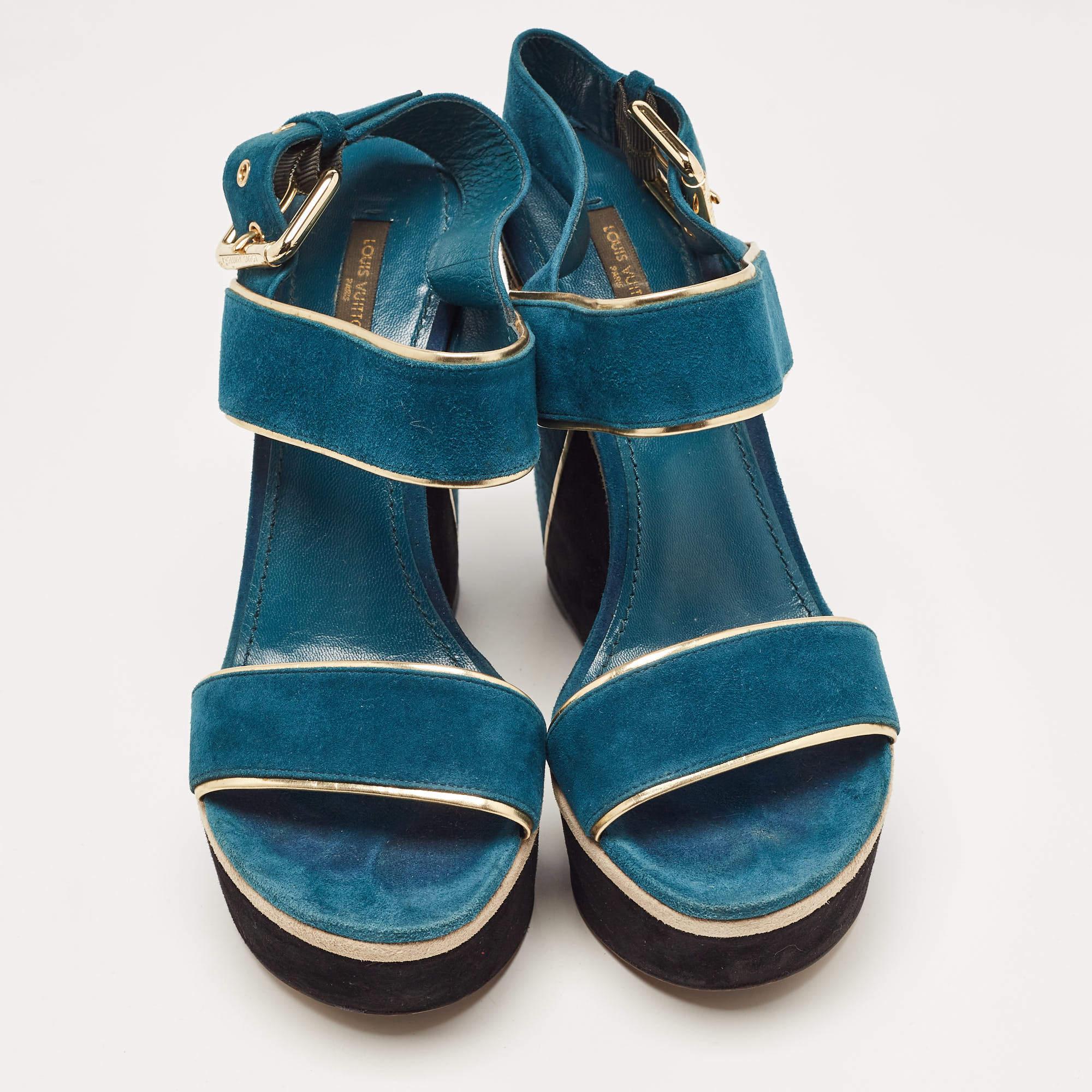 Women's Louis Vuitton Gold/Blue Suede Wedge Platform Slingback Sandals Size 40 For Sale