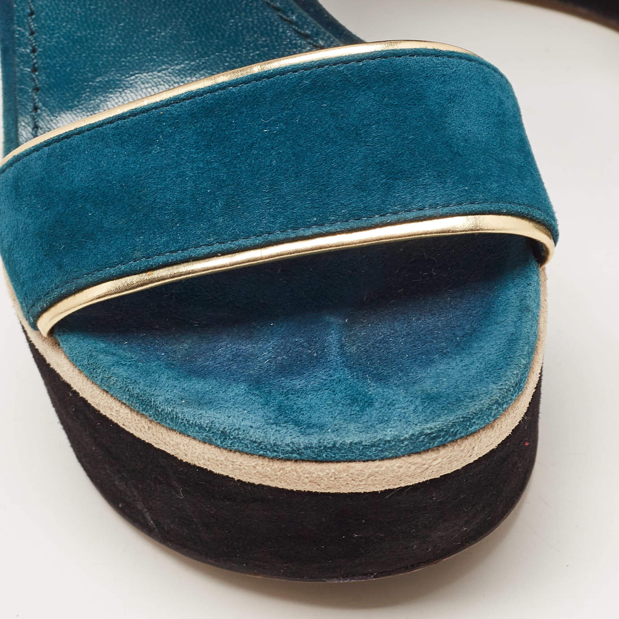 Louis Vuitton Gold/Blue Suede Wedge Platform Slingback Sandals Size 40 For Sale 3