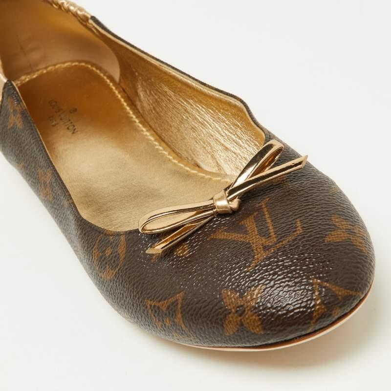 Louis Vuitton Gold/Brown Leather and Monogram Canvas Joy Ballet Flats Size 38 For Sale 1