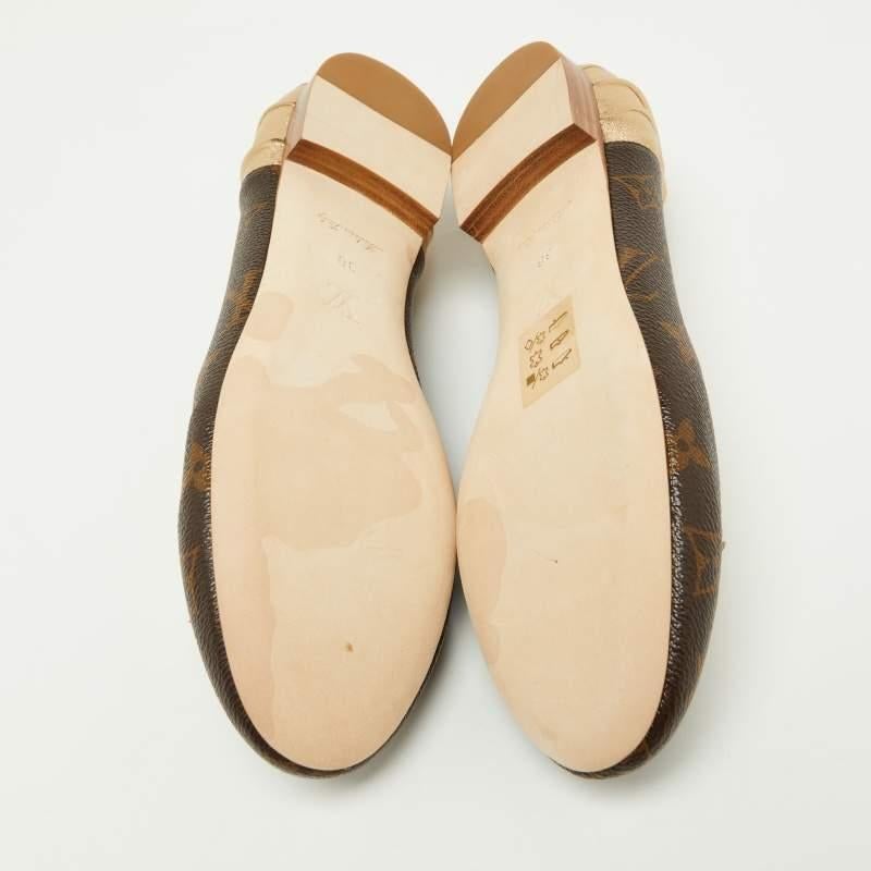 Louis Vuitton Gold/Brown Leather and Monogram Canvas Joy Ballet Flats Size 38 For Sale 2