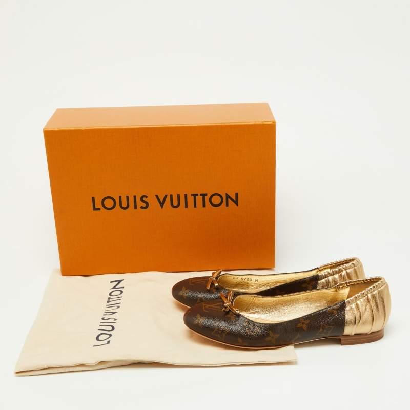 Louis Vuitton Gold/Brown Leather and Monogram Canvas Joy Ballet Flats Size 38 For Sale 4