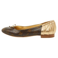 Used Louis Vuitton Gold/Brown Leather and Monogram Canvas Joy Ballet Flats Size 38