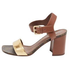 Louis Vuitton Gold/Brown Leather Bloom Ankle Strap Sandals Size 37