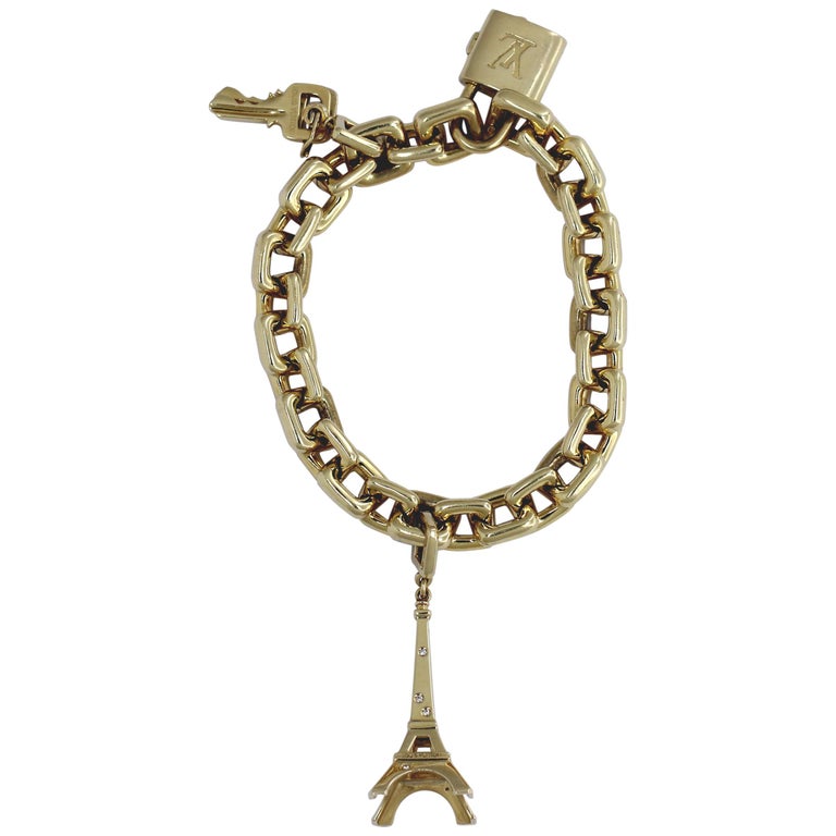 Louis Vuitton Gold Charm Bracelet with Lock and Key Clasp and Eiffel ...