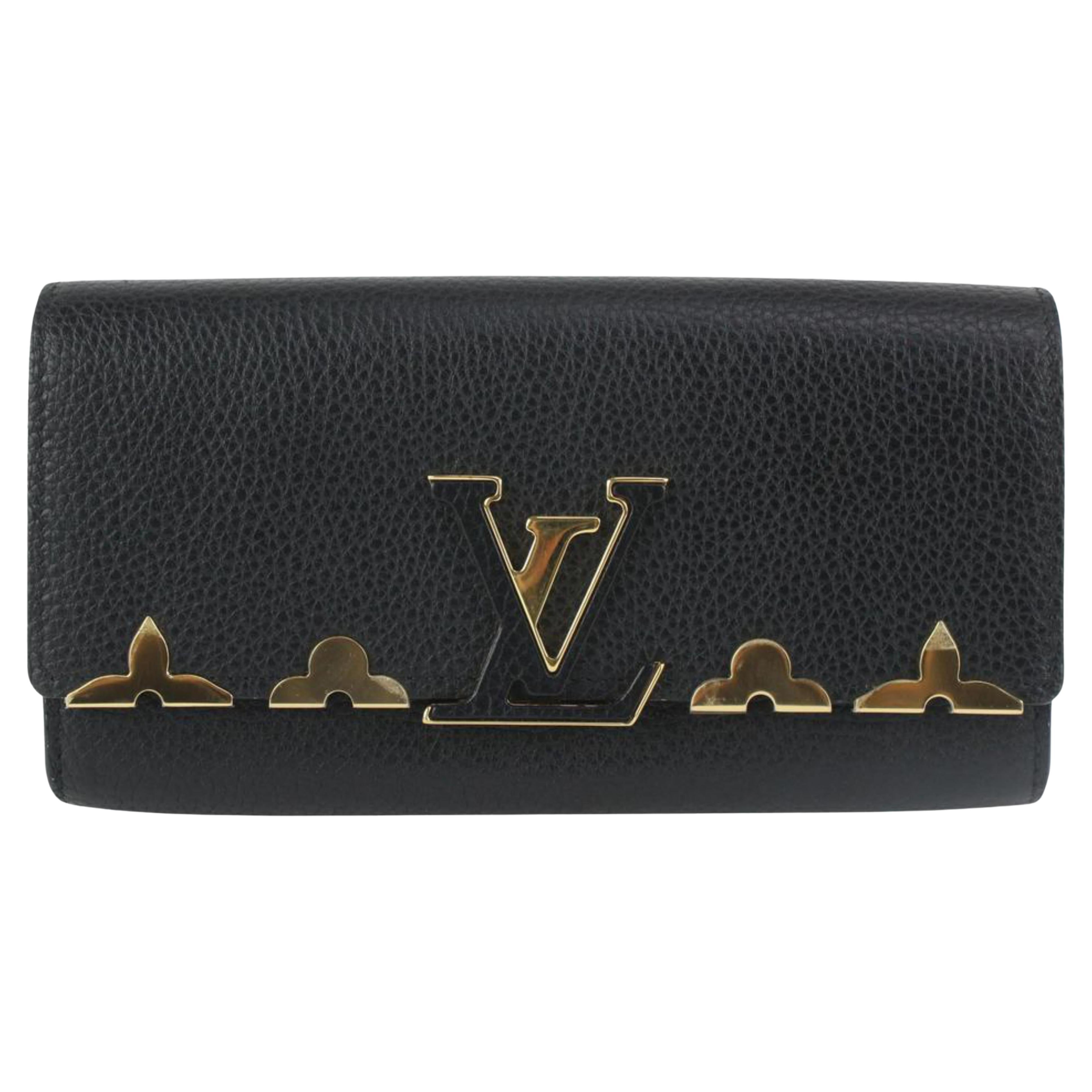 Louis Vuitton Gold Fleur Black Leather Capucines Long Flap Wallet 217lv23