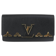 Louis Vuitton Gold Fleur Black Leather Capucines Long Flap Wallet 217lv23