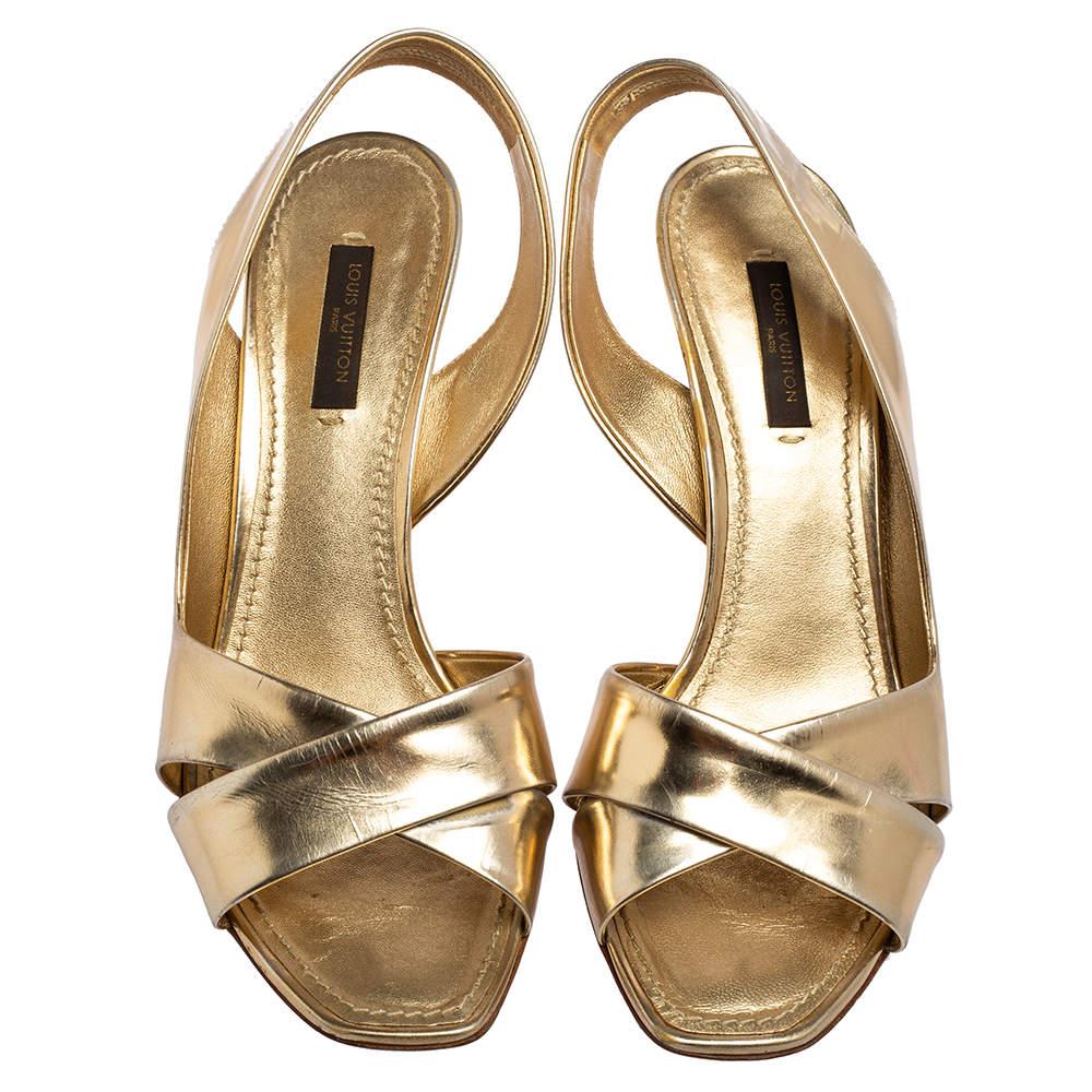 Louis Vuitton Gold Leather Barbara Criss Cross Slingback Sandals Size 37.5 In Fair Condition In Dubai, Al Qouz 2