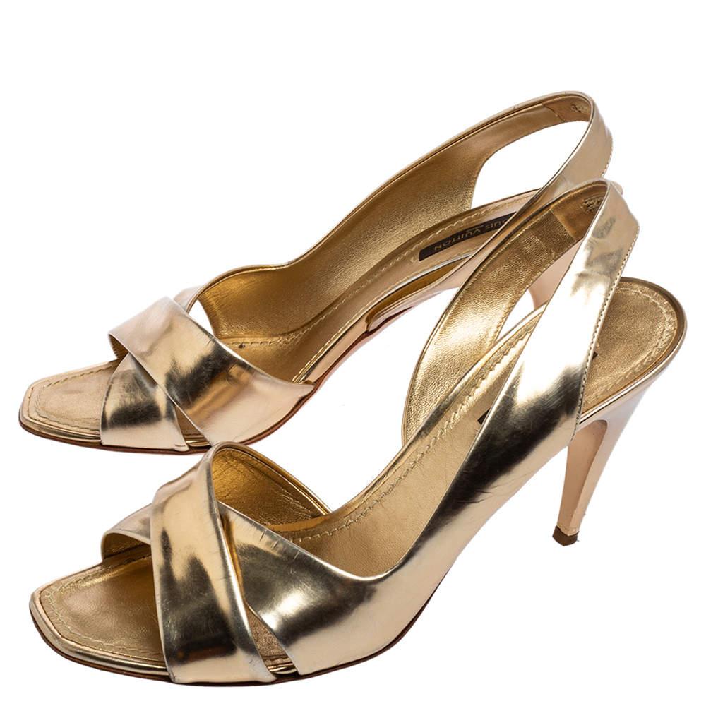 Women's Louis Vuitton Gold Leather Barbara Criss Cross Slingback Sandals Size 37.5