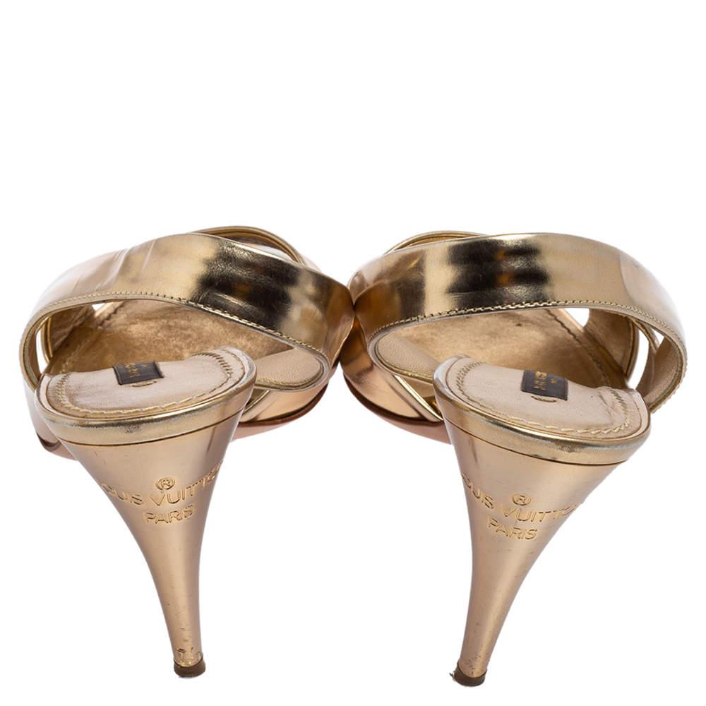 Louis Vuitton Gold Leather Barbara Criss Cross Slingback Sandals Size 37.5 1