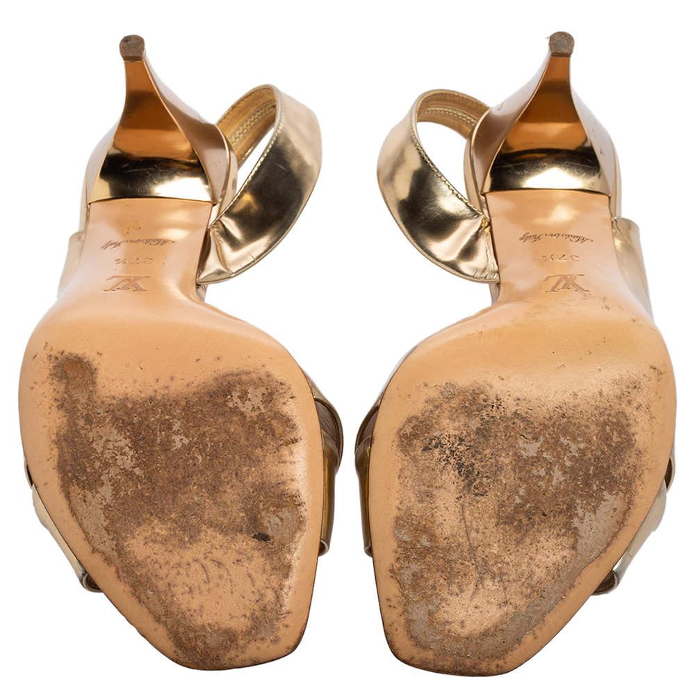 Louis Vuitton Gold Leather Barbara Criss Cross Slingback Sandals Size 37.5 2
