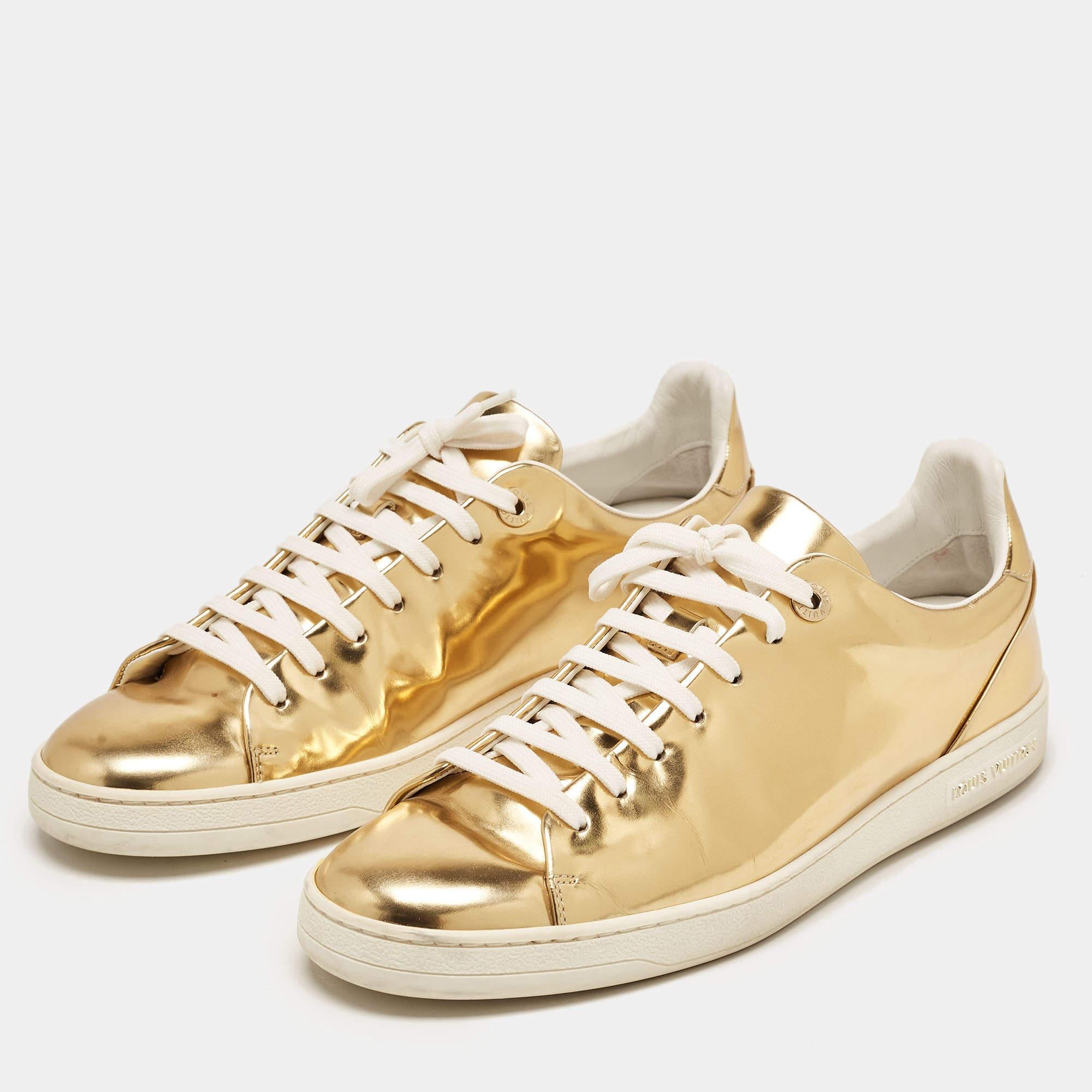 Women's Louis Vuitton Gold Leather Frontrow Low Top Sneakers Size 40.5 For Sale