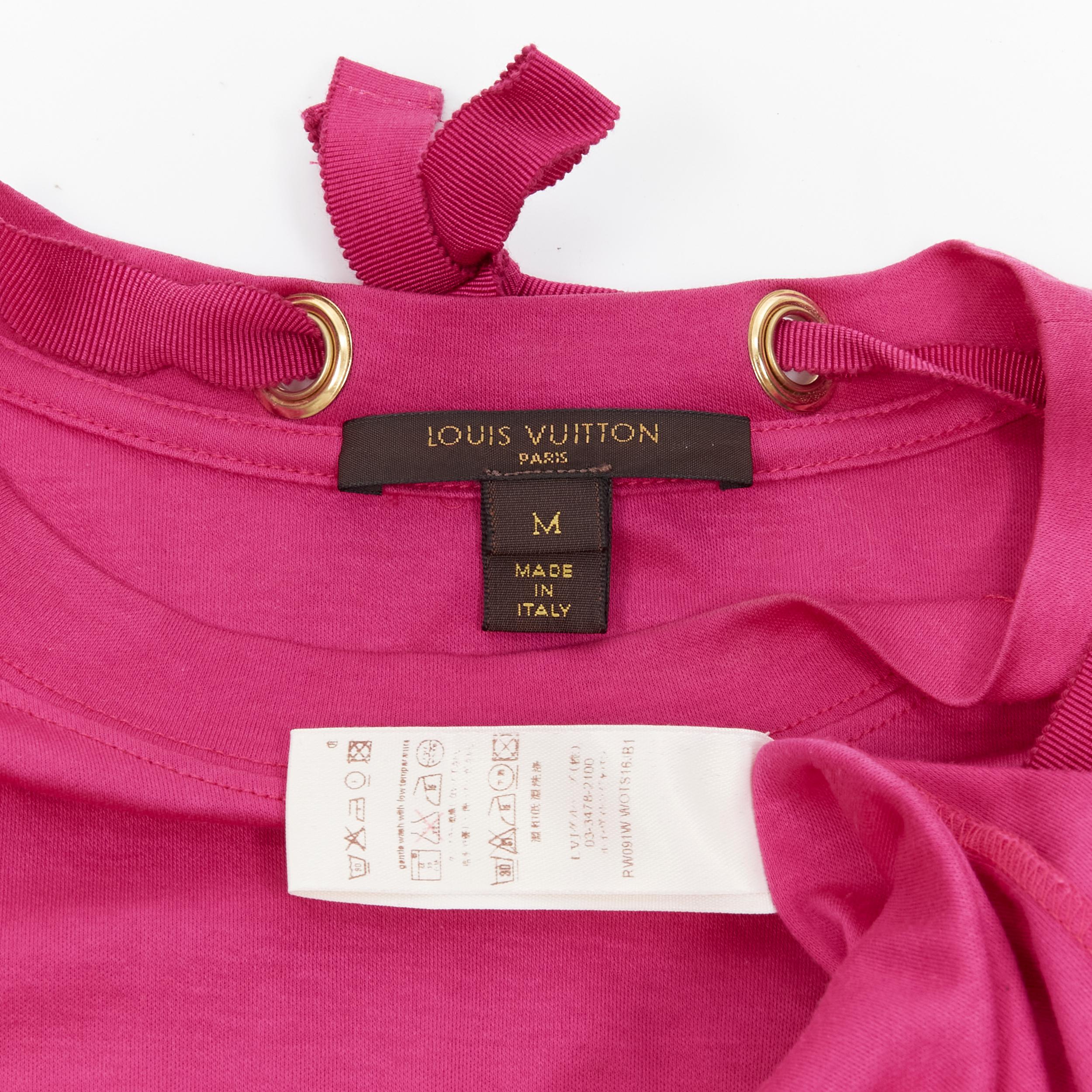 LOUIS VUITTON gold LV charm multi chain ribbon necklace pink cotton tshirt M 5