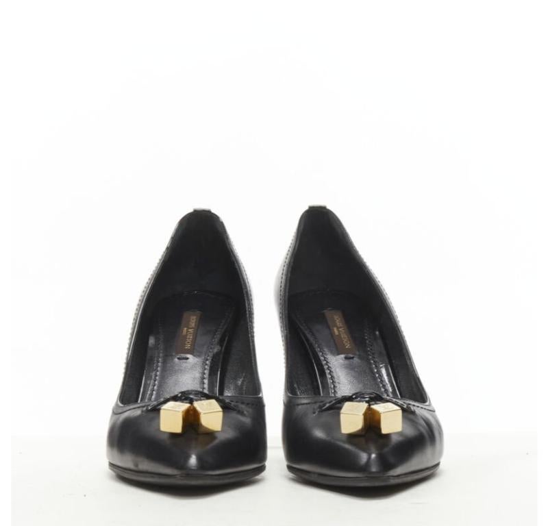 Black LOUIS VUITTON gold LV dice charm black leather mid heel pump EU36.5